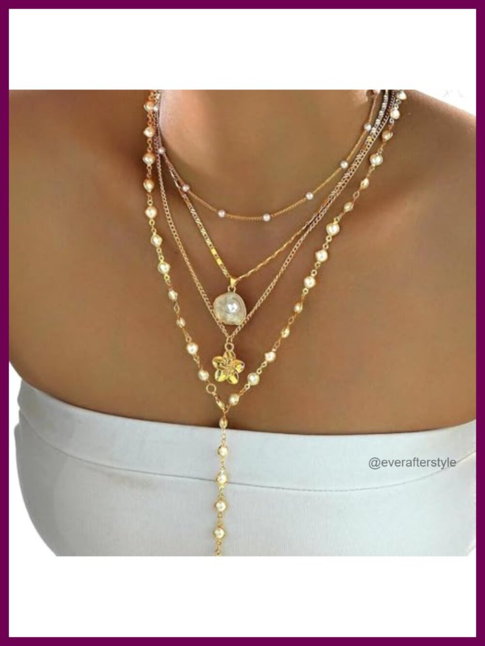 Layered Gold Flower Pearl Beaded Choker Y-Necklace - Picture 3 of 6